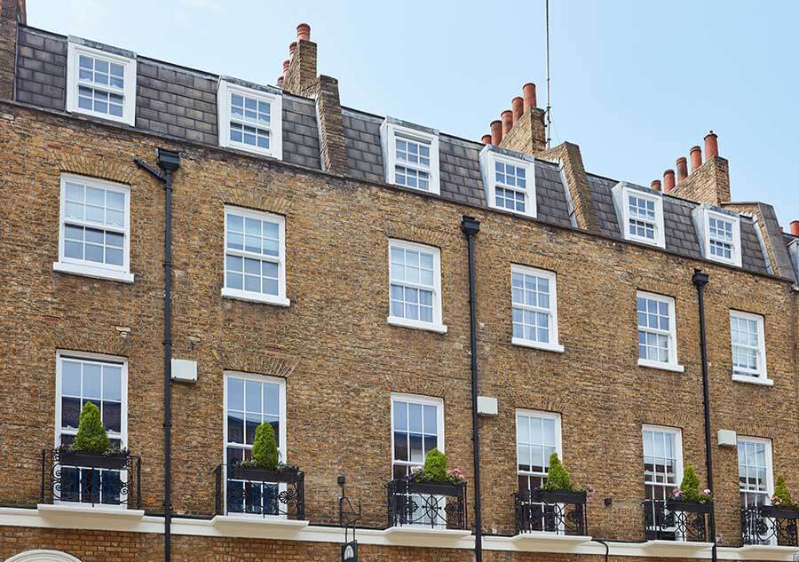 Row of terrace houses with new flush sash windows